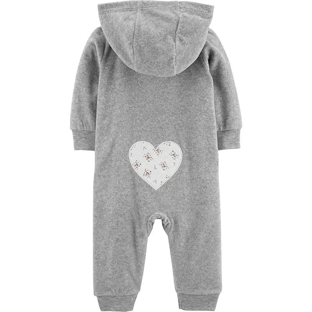Carter’s Baby Girl Hooded Fleece Jumpsuit Gray Heart Back Zip 9 Months New